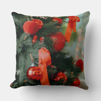 Vintage Christmas Tree Ornaments Red Ribbon Holida Throw Pillow