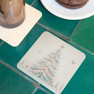 Vintage Christmas Tree Pale Watercolor Holiday Square Paper Coaster