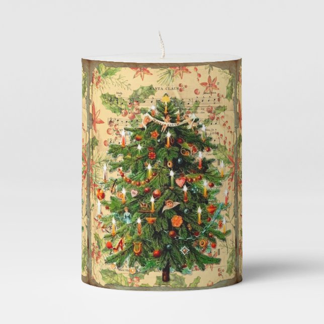 Vintage Christmas tree pattern rustic retro   Pillar Candle (Front)