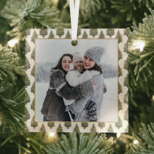 Vintage Christmas Tree Pattern White Photo Holiday Glass Ornament