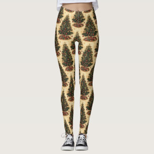 Vintage Christmas Tree Pattern Xmas Holiday Leggings
