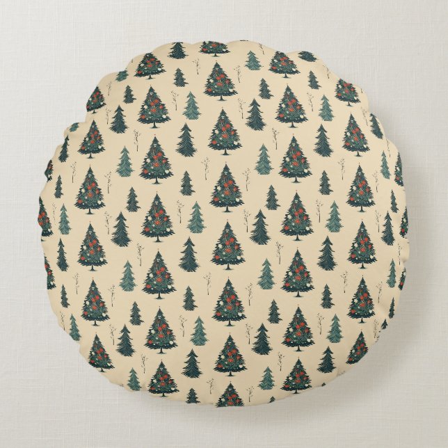 Vintage Christmas Tree, Pine Tree Pattern. Round Pillow (Front)