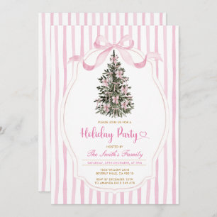 Vintage Christmas Tree Pink Bow Holiday Party Invitation