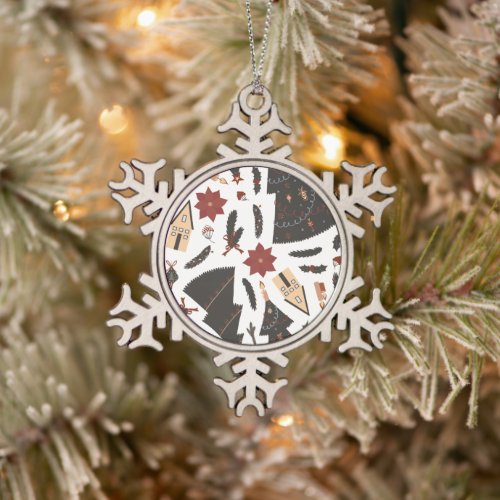 Vintage Christmas Tree Poinsettia Snowflake Pewter Christmas Ornament