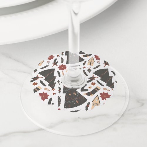 Vintage Christmas Tree Poinsettia Wine Glass Tag