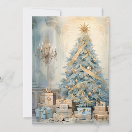 Vintage Christmas Tree Presents Blue Gold Holiday Card