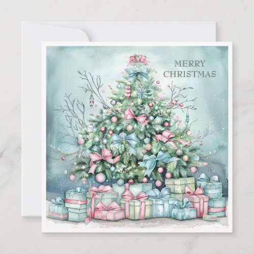 Vintage Christmas Tree Presents Blue Pink Holiday Card