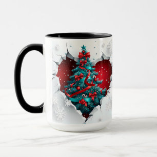 Vintage Christmas Tree, Red/Teal - Black Handle Mug