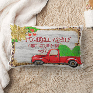 Vintage Christmas Tree Red Truck Pillow, Retro Lumbar Pillow