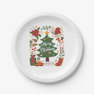 Vintage Christmas Tree Santa Hat 80s 90s Merry Chr Paper Plates