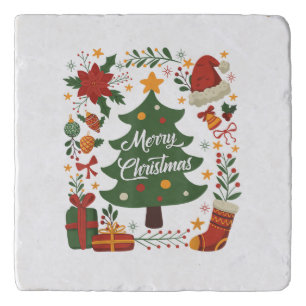 Vintage Christmas Tree Santa Hat 80s 90s Merry Chr Trivet