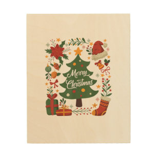 Vintage Christmas Tree Santa Hat 80s 90s Merry Chr Wood Wall Art