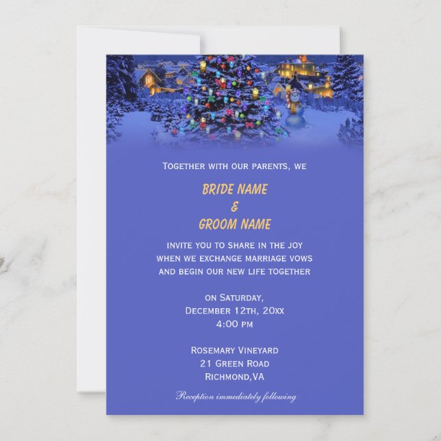 Vintage Christmas tree snowy night wedding Invitation (Front)
