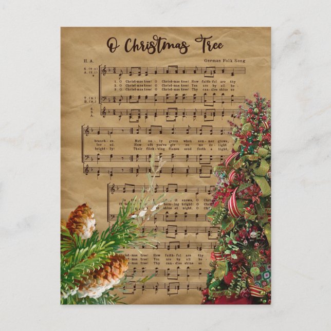 Vintage Christmas Tree Song Music Postcard (Front)