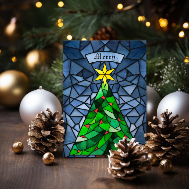 Vintage Christmas Tree Stained Glass Holiday Card (Creator Uploaded)