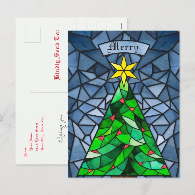 Vintage Christmas Tree Stained Glass Holiday Postcard (Front/Back)