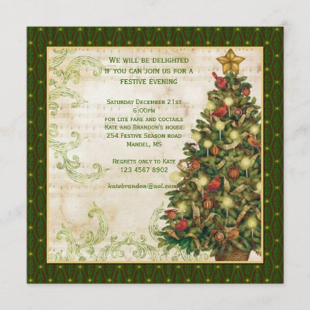 Vintage Christmas Tree, Swirls Party Invitation
