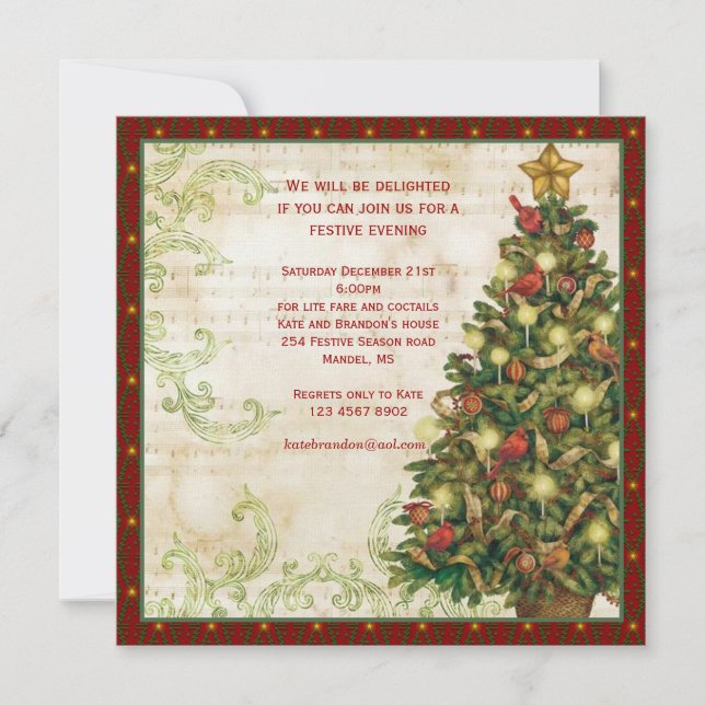 Vintage Christmas tree, swirls party Invitation (Front)