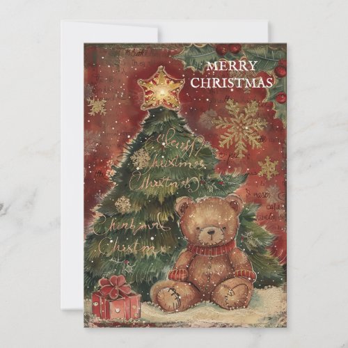 Vintage Christmas Tree Teddy Bear Red Green Holiday Card