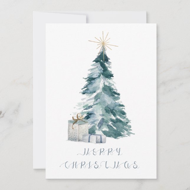 Vintage Christmas tree watercolour gold star Holiday Card (Front)