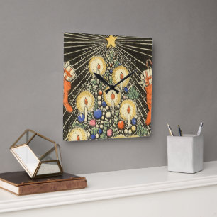 Vintage Christmas, Tree with Candles and a Star Square Wall Clock