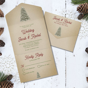 Vintage Christmas Tree with Lights Kraft Wedding All In One Invitation