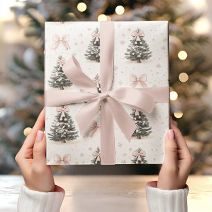 Vintage Christmas Tree with Pink Bow Wrapping Paper