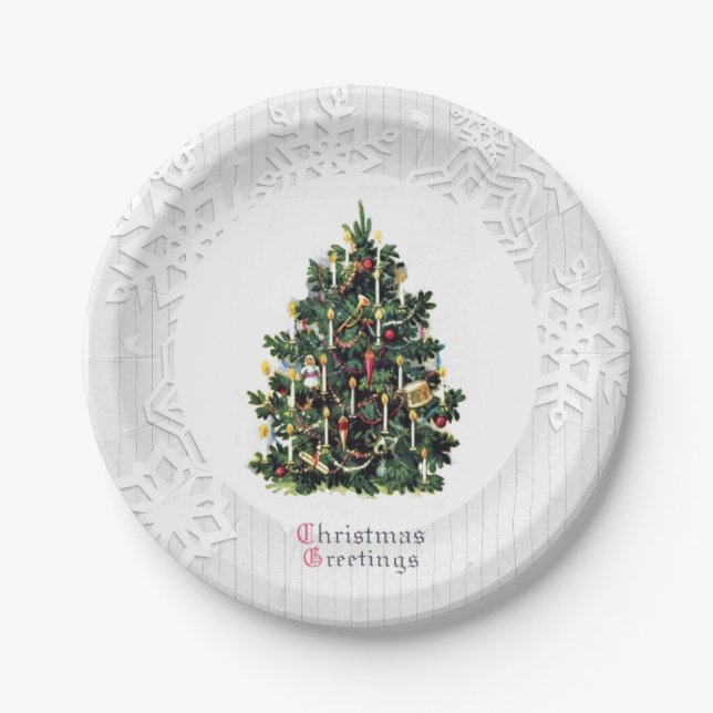 Vintage Christmas Tree with Snowflakes Paper Plates (Front)