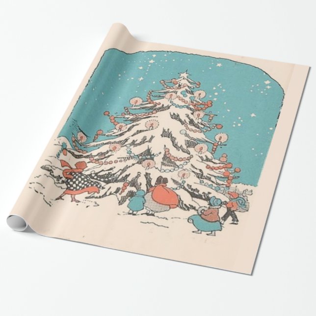 Vintage Christmas Tree Wrapping Paper (Unrolled)