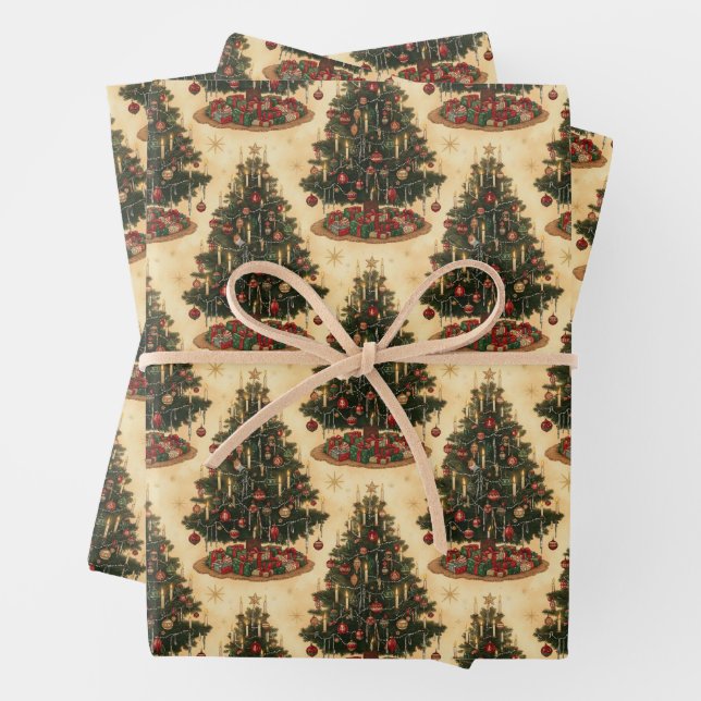 Vintage Christmas Tree Xmas Holiday Wrapping Paper Sheets (In situ)