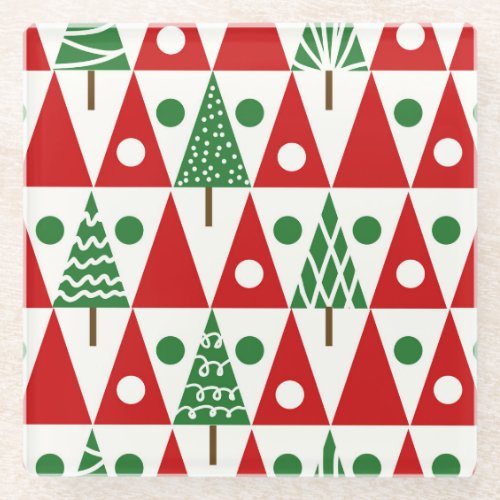 Vintage Christmas Trees Geometric Pattern Glass Coaster