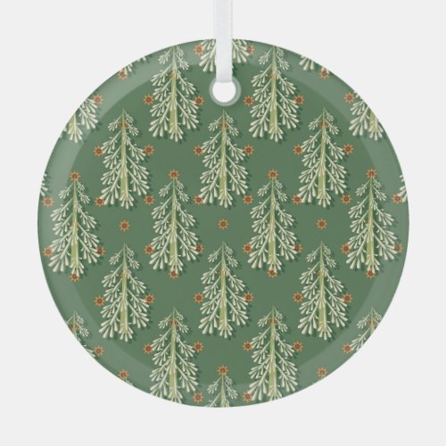 Vintage Christmas Trees Illustration Pattern Glass Ornament