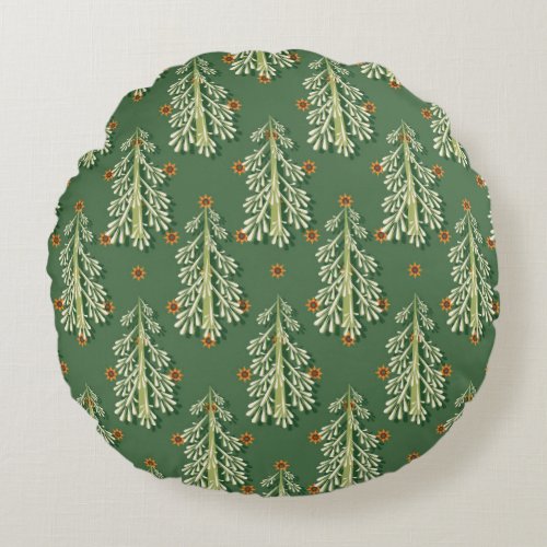 Vintage Christmas Trees Illustration Pattern Round Pillow