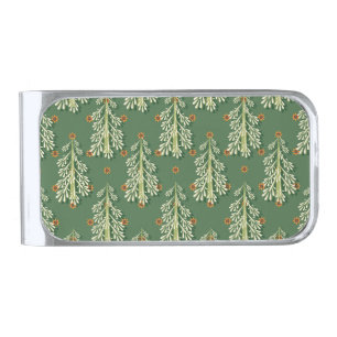Vintage Christmas Trees Illustration Pattern Silver Finish Money Clip