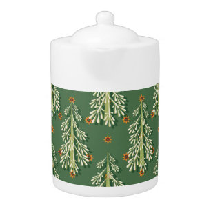 Vintage Christmas Trees Illustration Pattern Teapot
