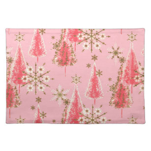 Vintage Christmas Trees Pink and Gold Pattern Cloth Placemat