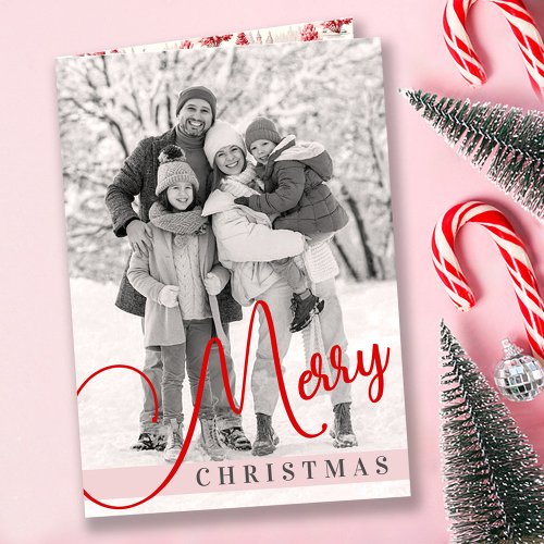 Vintage Christmas Trees Red Pink Four Photo Merry  Holiday Card