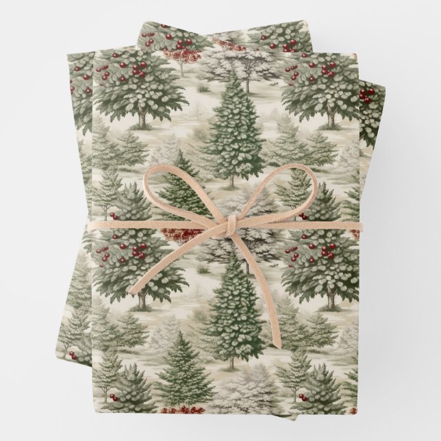 Vintage Christmas Trees Rustic Wrapping Paper Sheets (In situ)