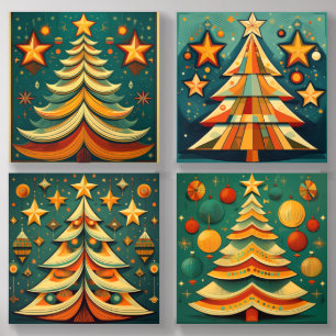 Vintage Christmas Trees Set Retro Holiday Art Acrylic Photo Tile