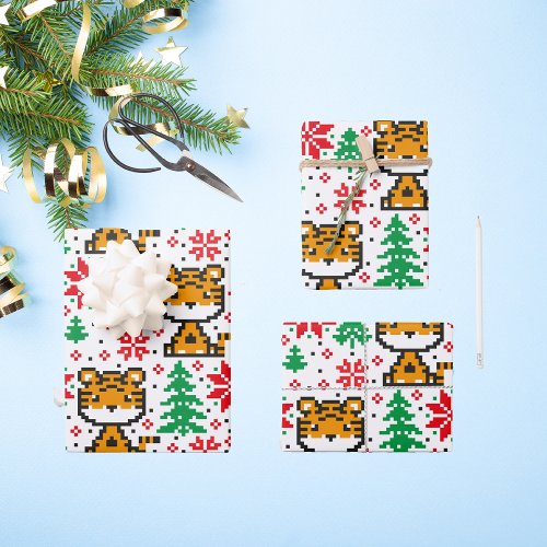 Vintage Christmas Trees  Tigers Whimsical Modern  Wrapping Paper Sheets