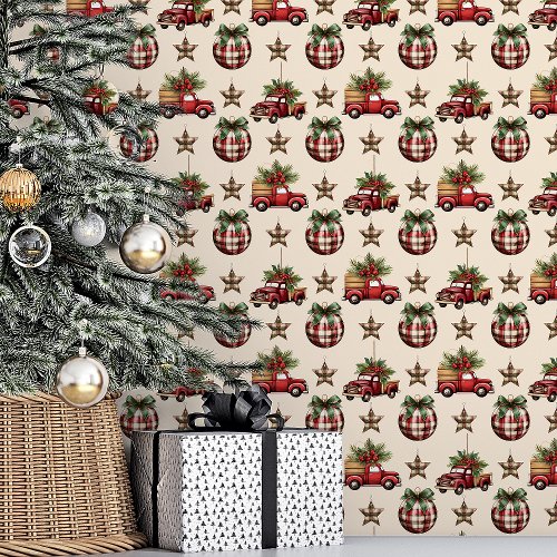 Vintage Christmas Truck and Plaid Ornaments Wallpaper
