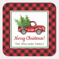 Vintage Christmas Truck | Buffalo Plaid Holiday Square Sticker
