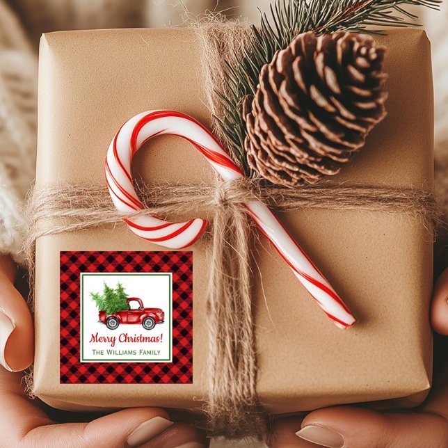 Vintage Christmas Truck | Buffalo Plaid Holiday Square Sticker (Creator Uploaded)