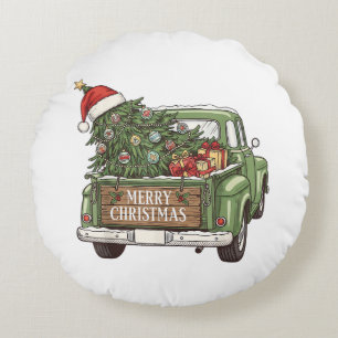 Vintage Christmas Truck Merry Christmas Men Women Round Pillow