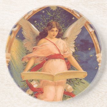 Vintage Christmas  Victorian Angel Reading Bible Drink Coaster by ChristmasCafe at Zazzle