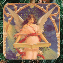 Vintage Christmas, Victorian Angel Reading Bible Square Sticker