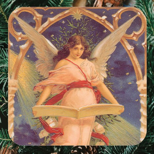 Vintage Christmas Victorian Angel Reading Bible Square Sticker
