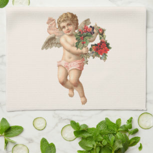 Vintage Christmas, Victorian Angel w Floral Wreath Kitchen Towel
