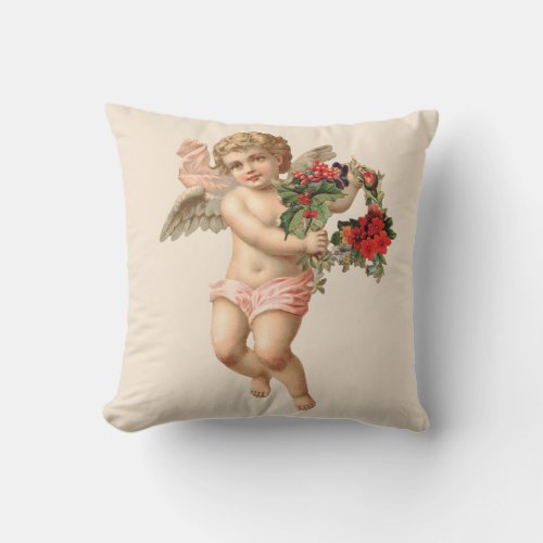 Vintage Christmas Victorian Angel w Floral Wreath Throw Pillow