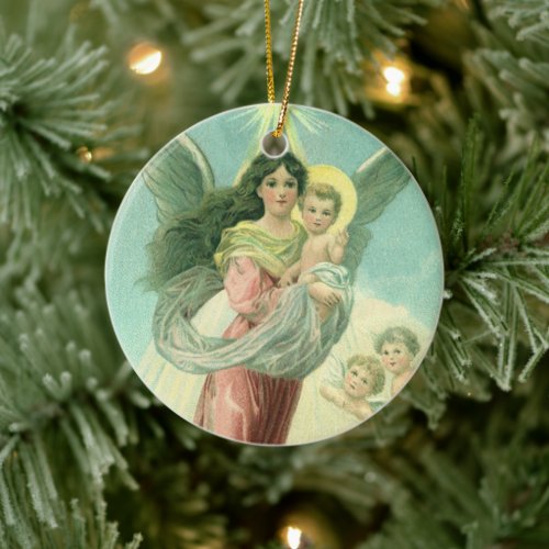 Vintage Christmas, Victorian Angel with Baby Jesus Ceramic Ornament